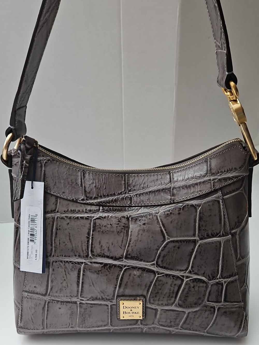 NWT Dooney & Bourke Smoke Gray Leather Croc-Embossed Large Cassidy Hobo Bag